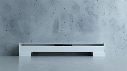 Modern white TV stand in a minimalist setting. exemplifying practicality and eco-aware design