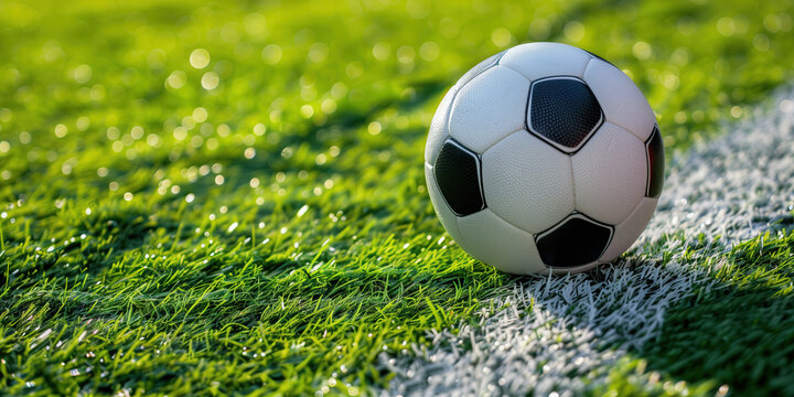 A soccer ball sits atop the green field of a soccer stadium, ready for play.