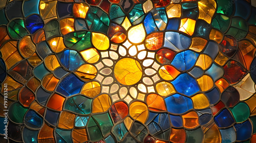 Poster multicolored marbles align to construct a radiant and intricate design.