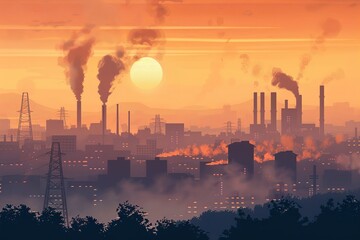 Air pollution and lung health crisis, industrial city smog illustration, respiratory diseases from toxic smoke