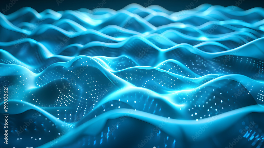 Poster neon cyan background with abstract luminous waves.
