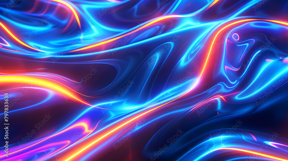 Poster neon cyan background with abstract luminous waves.