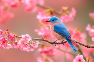 Bluebird perched on cherry blossom branch