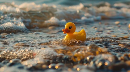 A yellow rubber duck is floating in the ocean
