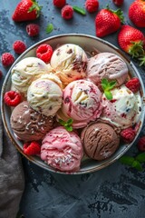 A bowl of ice cream with a variety of flavors including strawberry and chocolate