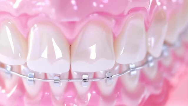 A highly detailed macro shot showcasing the precision of orthodontic braces on teeth, highlighting dental care and orthodontic treatment. Professional teeth cleaning and fluoride coating