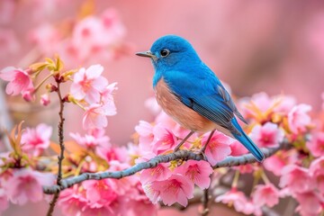 Bluebird perched on cherry blossom branch