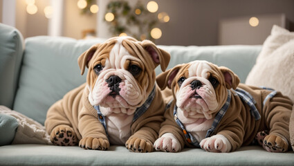 Two English Bulldog puppies are sitting on a couch and looking at the camera.

