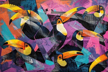 An abstract tapestry of toucans in the twilight, their vibrant beaks and forms creating a visually striking composition against the tropical hues