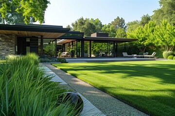 Modern house with large glass windows and a sleek design, surrounded by a lush green lawn and...