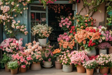 Bunches of roses and plants in pots displaying in front of a flower shop outdoors nature architecture.