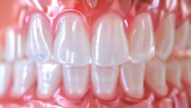 A macro image of molars bathed in a soft pink light, showcasing the details and structures of dental anatomy. Professional teeth cleaning and fluoride coating