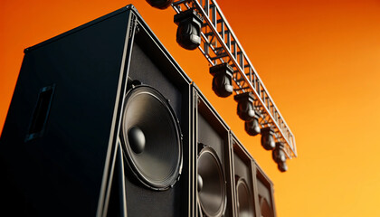 concert speakers hanging from a metal truss