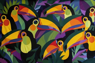 An abstract tapestry of toucans in the twilight, their vibrant beaks and forms creating a visually striking composition against the tropical hues