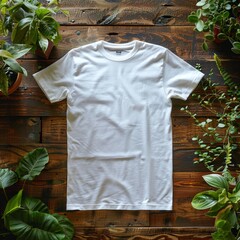 A white t-shirt on a wooden background surrounded by green plants.