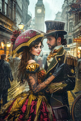 Handsome Steampunk Couple in Victorian London.  Generated Image.  A digital rendering of a handsome Steampunk loving couple in Victorian London, England.