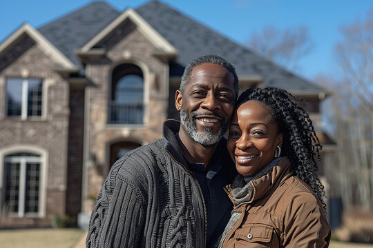 Portrait of happy middle age black couple standing outside new two story house