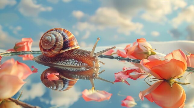 A snail crawls on a cosmetic bottle with petals scattered on a mirror. The sky is reflected in the mirror.