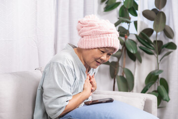 Stressed senior woman with breast cancer have trouble with chemotherapy healing, elderly retirement...