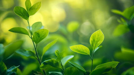 Natural green background. Branches with green leaves on a blurred background with bokeh.