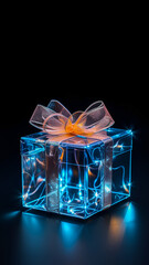 Glowing gift box with orange bow and lights on a black background with copy space. Sale. Black Friday. Christmas.