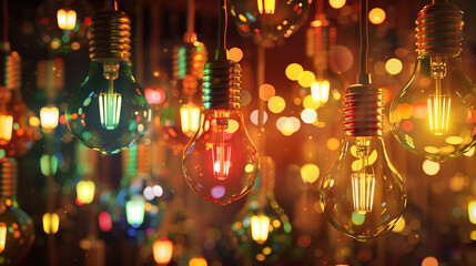 A close up of a light bulb with a blurry background. The light bulb is lit up and the background is blurry, giving the impression of a dreamy, ethereal atmosphere