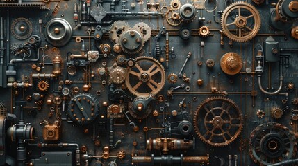 A pile of old gears and mechanical parts arranged on iron sheets