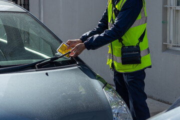 Traffic warden in the UK puts a parking fine ticket on the window of a car