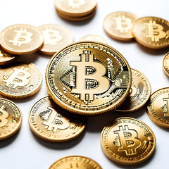 shiny golden Bitcoin coin that appears to be exploding or shattering into fragments against a white background