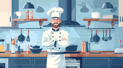 Male chef with utensils in kitchen Vector illustration