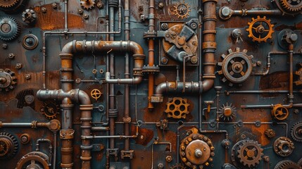 A pile of old gears and mechanical parts arranged on iron sheets