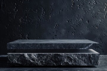 Luxury organic mockup with dark rock shape podium. Round rough stone pedestal. Empty base for product promotion