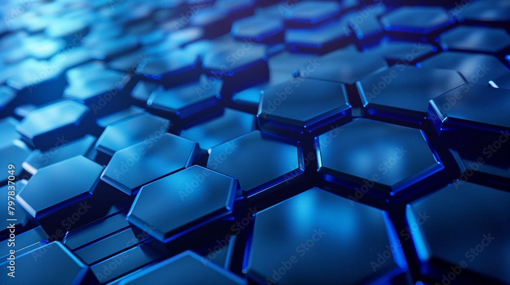 Poster a blue background with a pattern of hexagons. the hexagons are all different sizes and are arranged 
