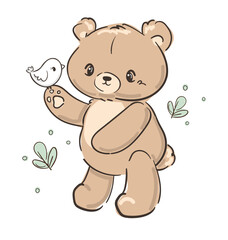 Hand Drawn Cute little Teddy Bear, vector illustration, Print for baby, newborns design