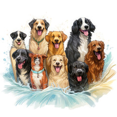 Watercolor Surfing Dogs Illustration, Generative Ai