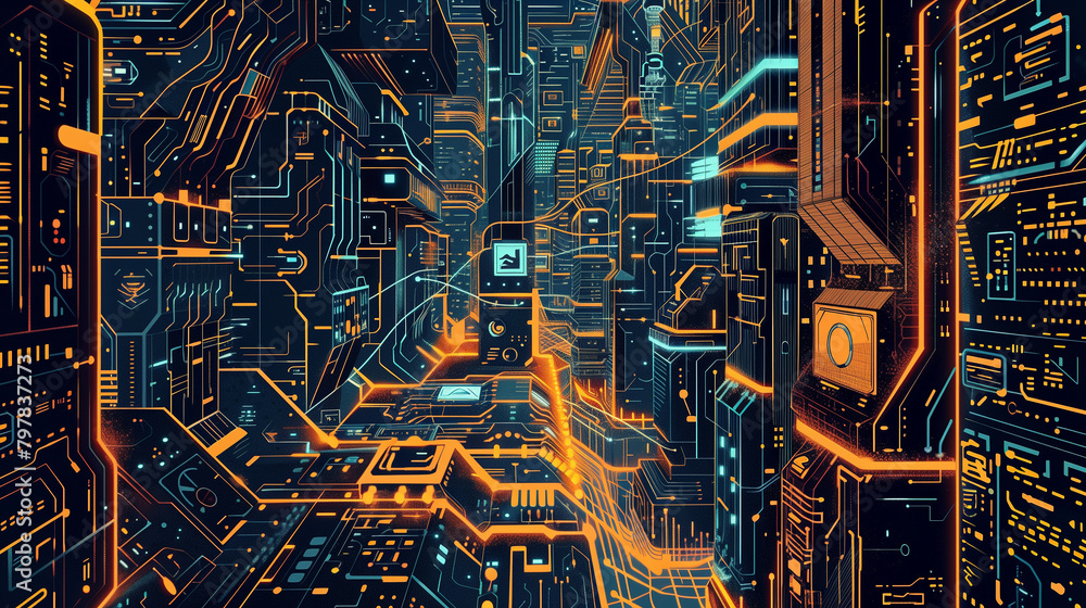 Poster a man is sitting at a desk in front of a computer monitor with a city view in the background. concep