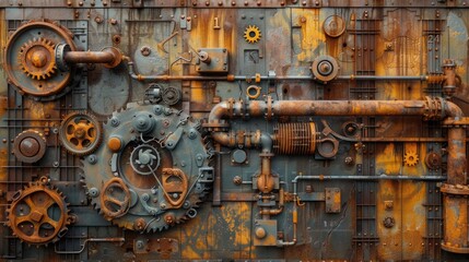 A pile of old gears and mechanical parts arranged on iron sheets