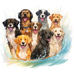 Watercolor Surfing Dogs Illustration, Generative Ai