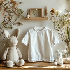 A minimalist still life image of a plain white t-shirt on a wooden table. The t-shirt is surrounded by dried flowers and two stuffed rabbits. The background is a blurred image of a wooden wall.