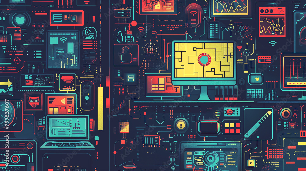 Poster a man is sitting at a desk in front of a computer monitor with a city view in the background. concep