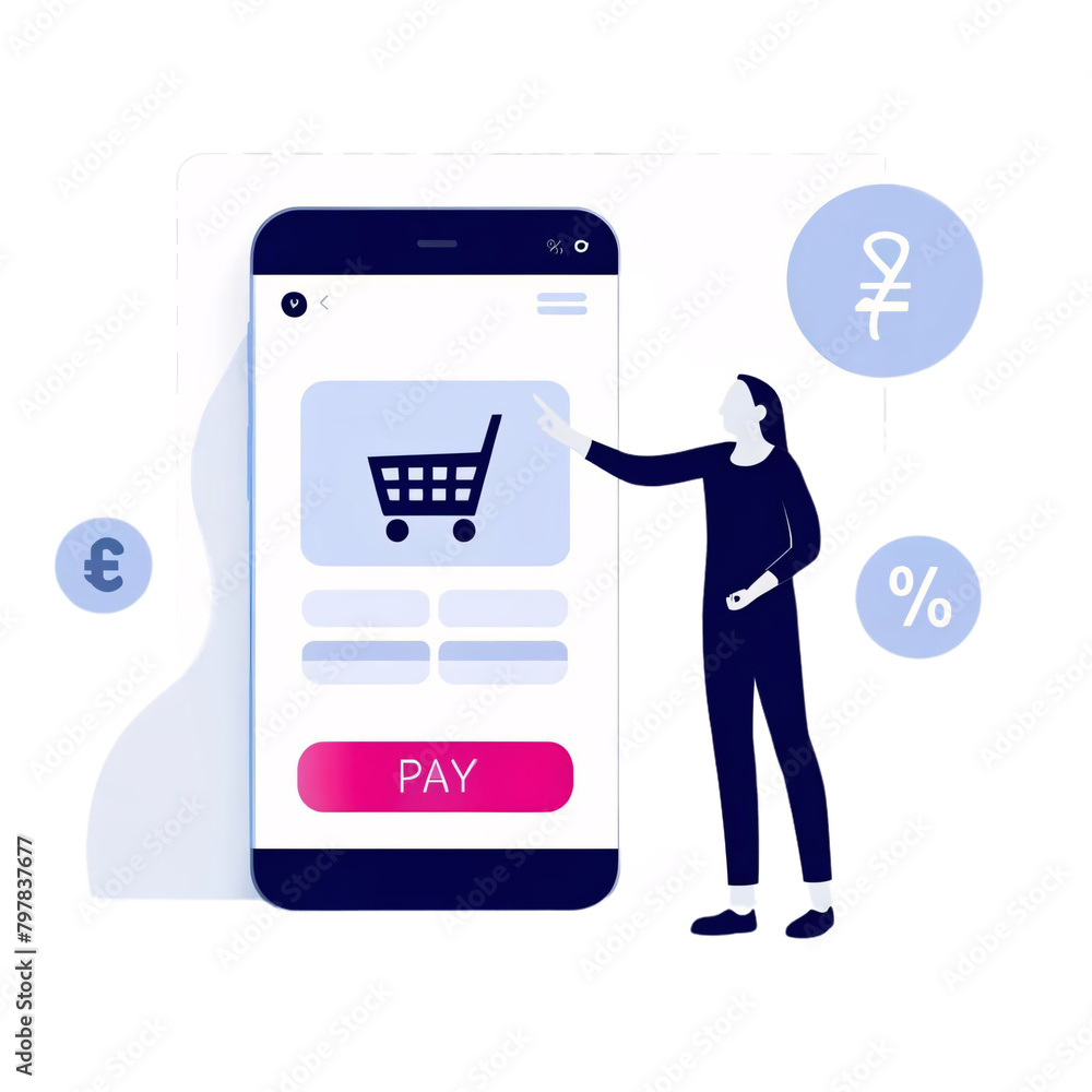 Poster a character interacting with a large smartphone showing a payment screen on a transparent background