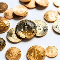 shiny golden Bitcoin coin that appears to be exploding or shattering into fragments against a white background