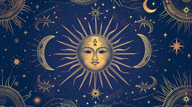 Astrology and divination banner. The universe, crescent moon, and sun with moon on a blue background. Mystic vector illustration, pattern