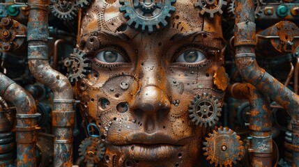 Obraz premium A pile of parts and gears make up a woman's face