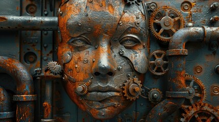 A pile of parts and gears make up a woman's face