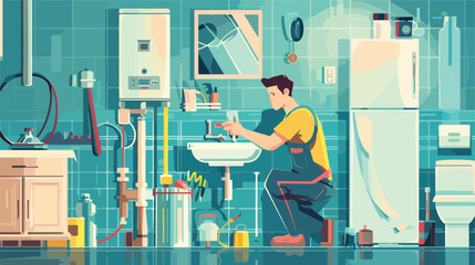 Male plumber repairing boiler in bathroom Vector illustration - obrazy, fototapety, plakaty