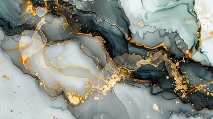 Obraz premium Abstract art in alcohol ink with gold, black, and gray colors. Looks like a marble stone cut with gold veins. Delicate and dreamy design.