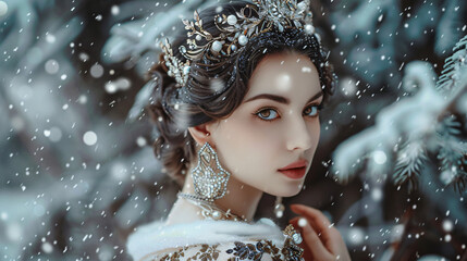 Art portrait attractive snow queen. Fantasy brunette 