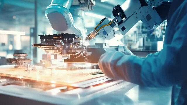 A high-tech manufacturing process captured in a semiconductor lab, showcasing precision robotics and cutting-edge technology. High-tech manufacturing with AI