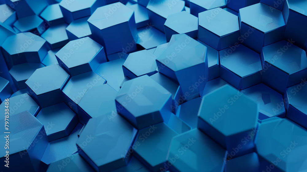 Poster a blue background with a pattern of hexagons. the hexagons are all different sizes and are arranged 